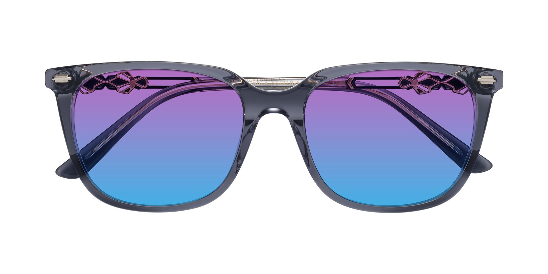 Folded Front of Dahlia in Blue Gray with Purple / Blue Gradient Lenses