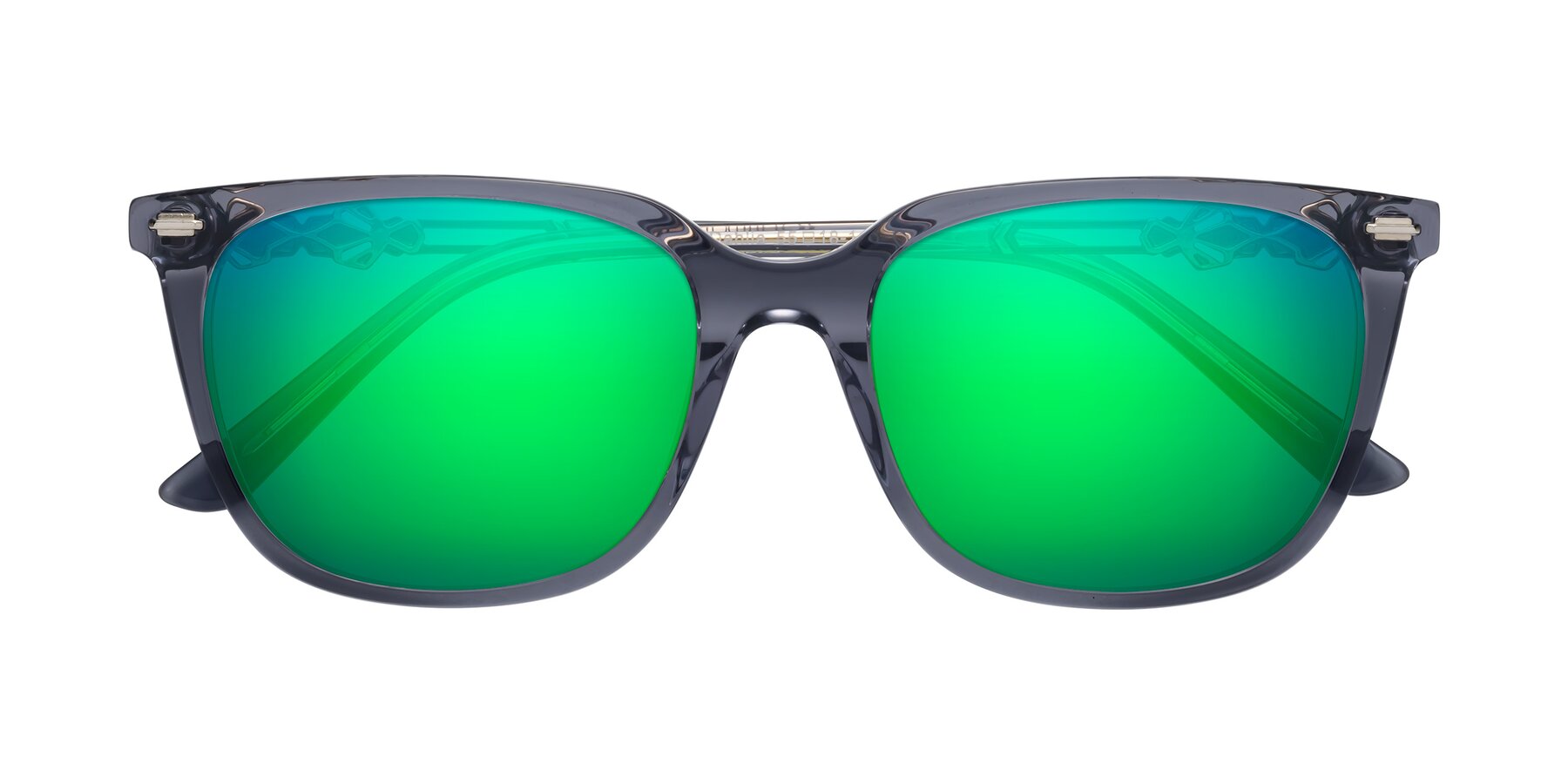 Folded Front of Dahlia in Blue Gray with Green Mirrored Lenses