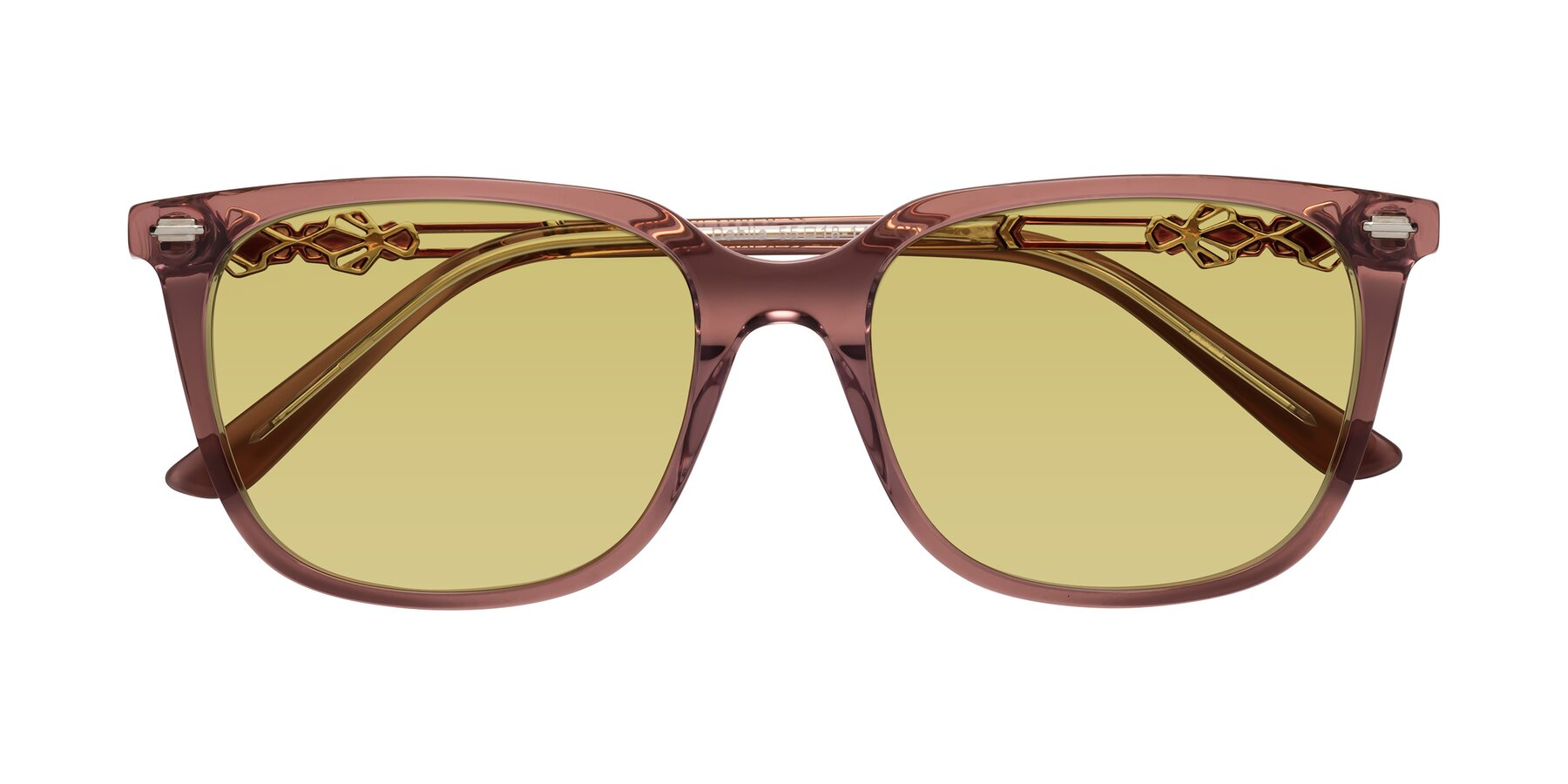 Folded Front of Dahlia in Mauve Taupe with Medium Champagne Tinted Lenses