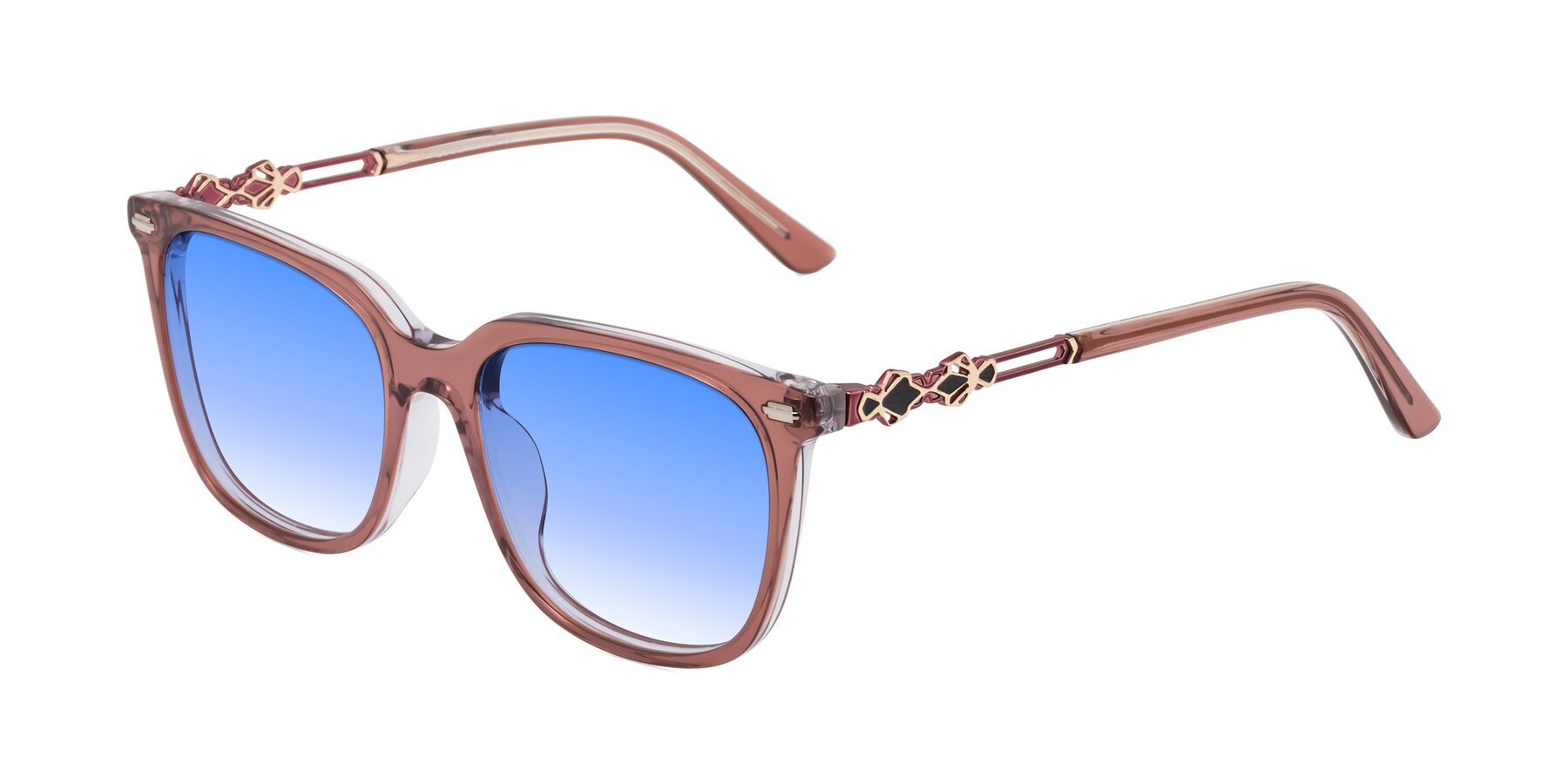 Angle of Dahlia in Mauve Taupe with Blue Gradient Lenses