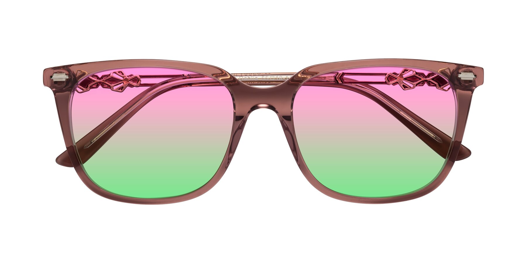 Folded Front of Dahlia in Mauve Taupe with Pink / Green Gradient Lenses