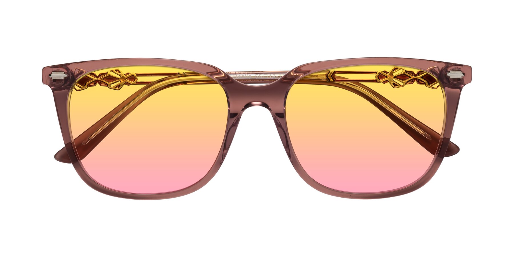 Folded Front of Dahlia in Mauve Taupe with Yellow / Pink Gradient Lenses