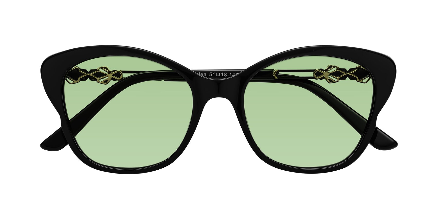 Folded Front of Azalea in Black with Medium Green Tinted Lenses