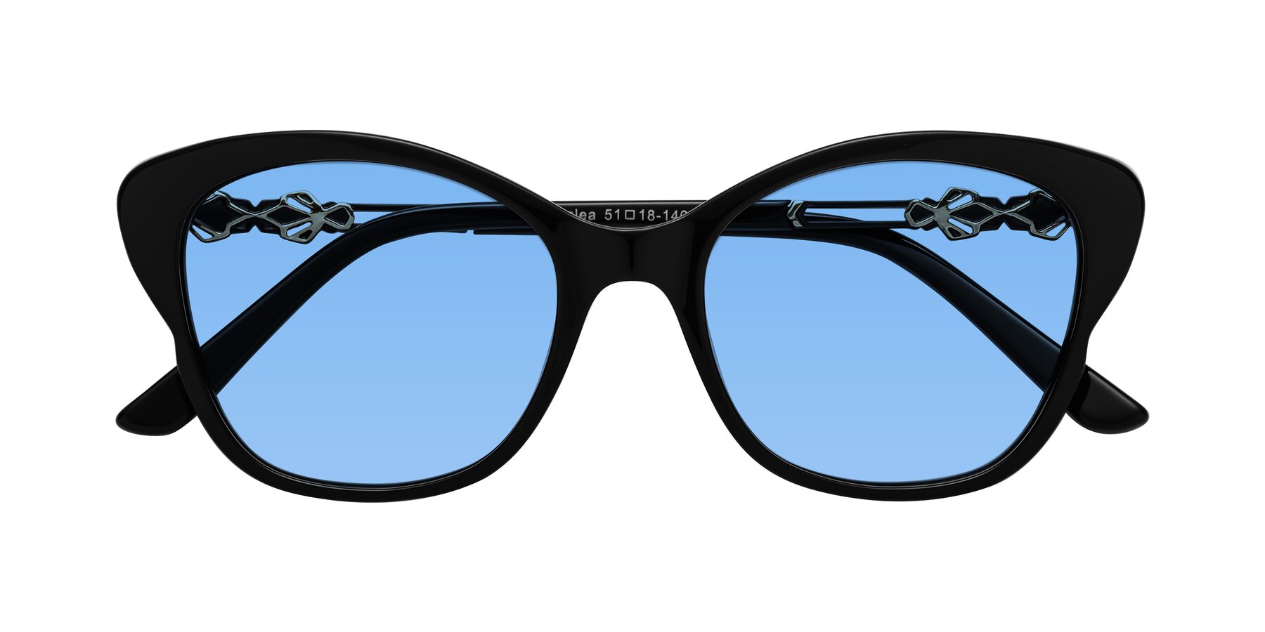 Folded Front of Azalea in Black with Medium Blue Tinted Lenses