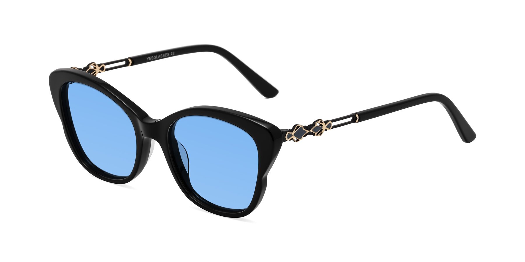 Angle of Azalea in Black with Medium Blue Tinted Lenses