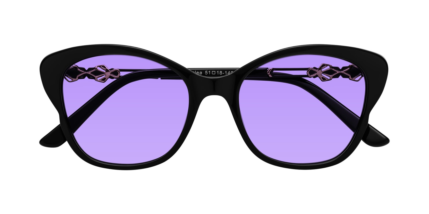 Folded Front of Azalea in Black with Medium Purple Tinted Lenses