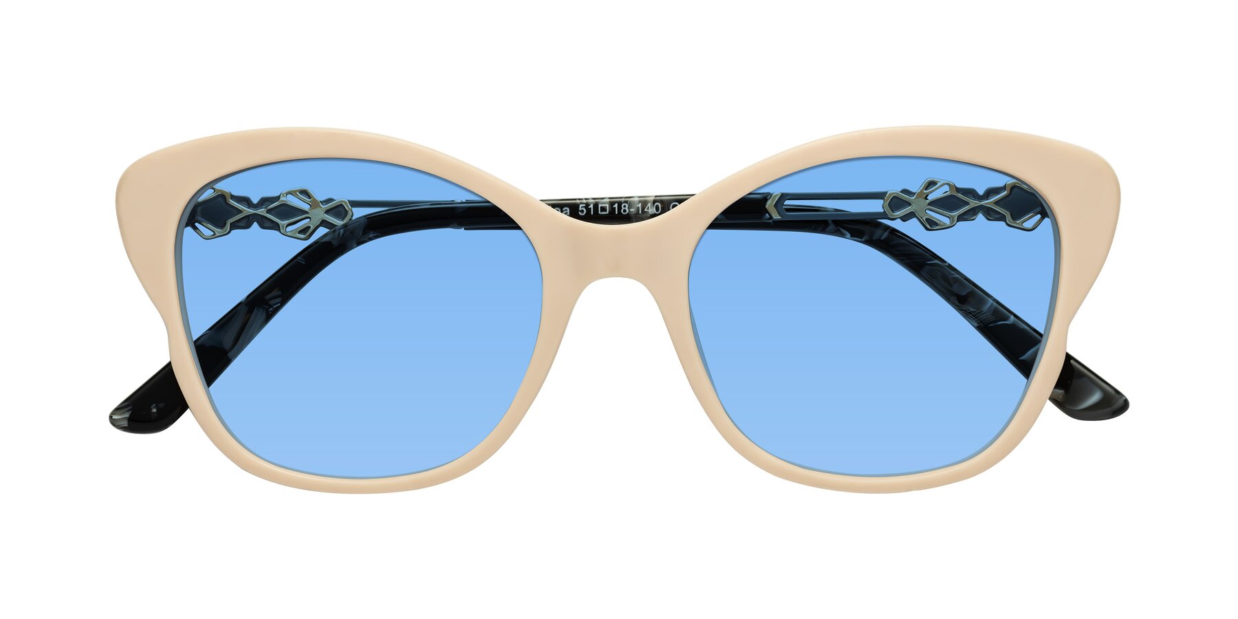 Folded Front of Azalea in Ivory pink with Medium Blue Tinted Lenses