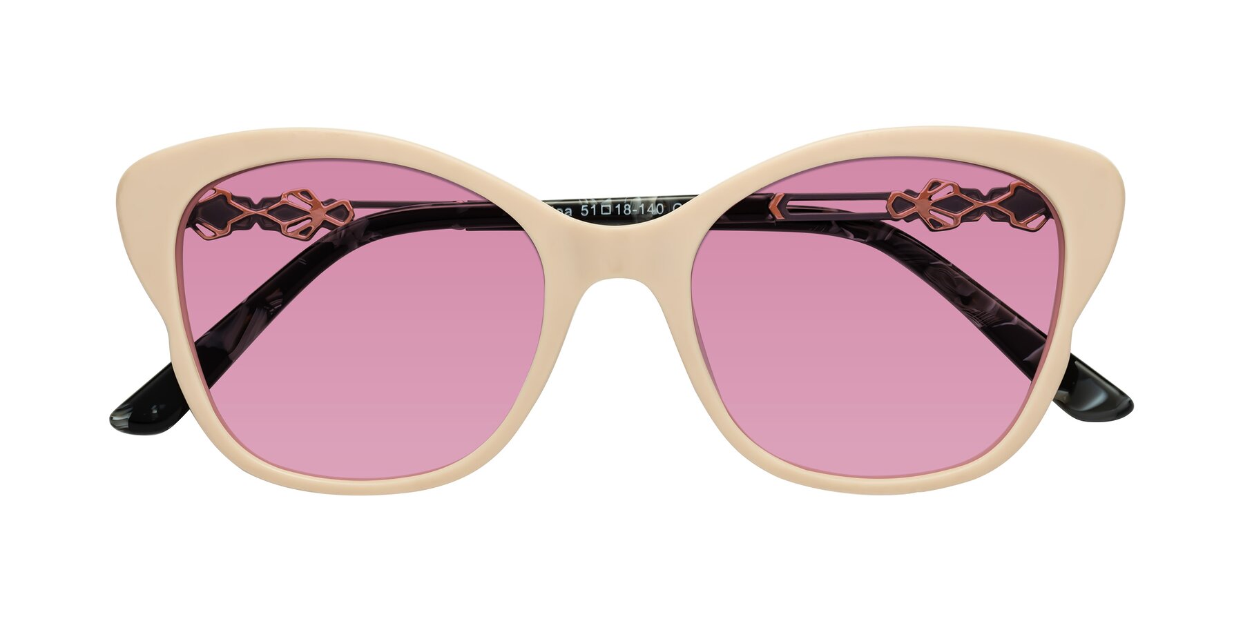 Folded Front of Azalea in Ivory pink with Medium Wine Tinted Lenses