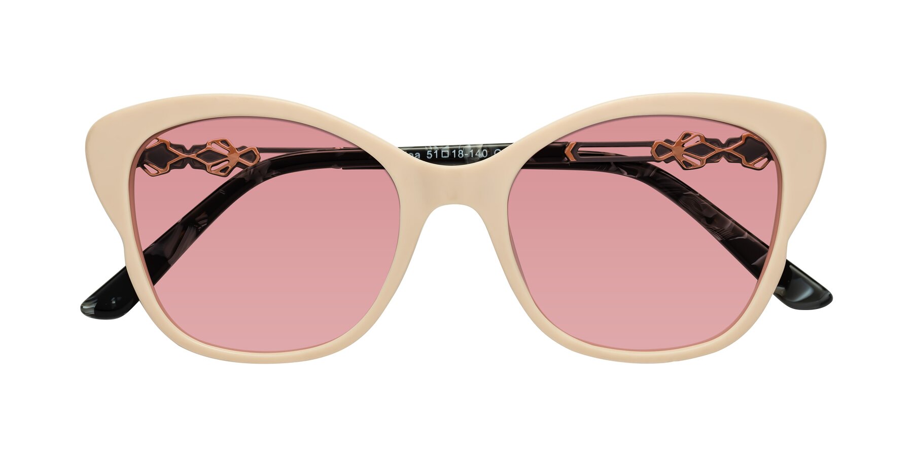 Folded Front of Azalea in Ivory pink with Medium Garnet Tinted Lenses