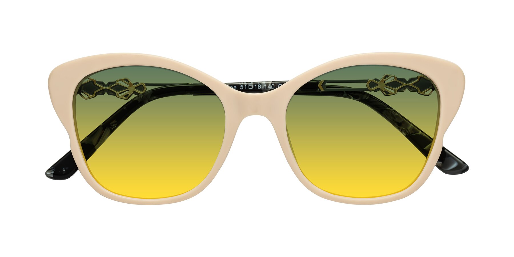 Folded Front of Azalea in Ivory pink with Green / Yellow Gradient Lenses