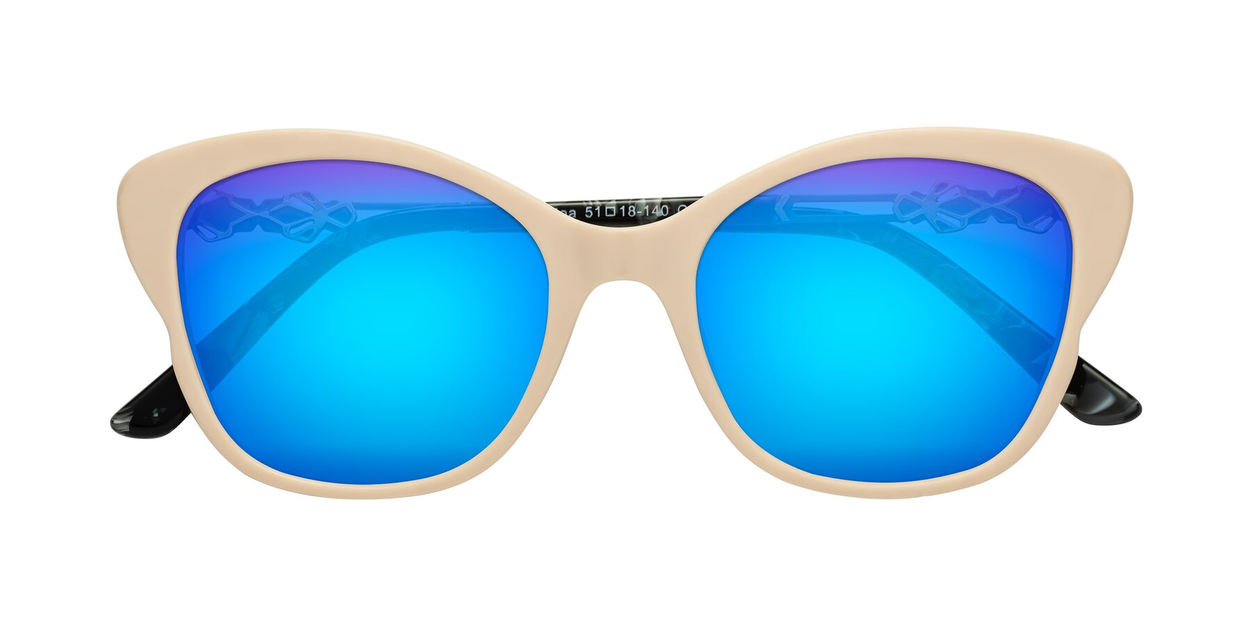 Folded Front of Azalea in Ivory pink with Blue Mirrored Lenses