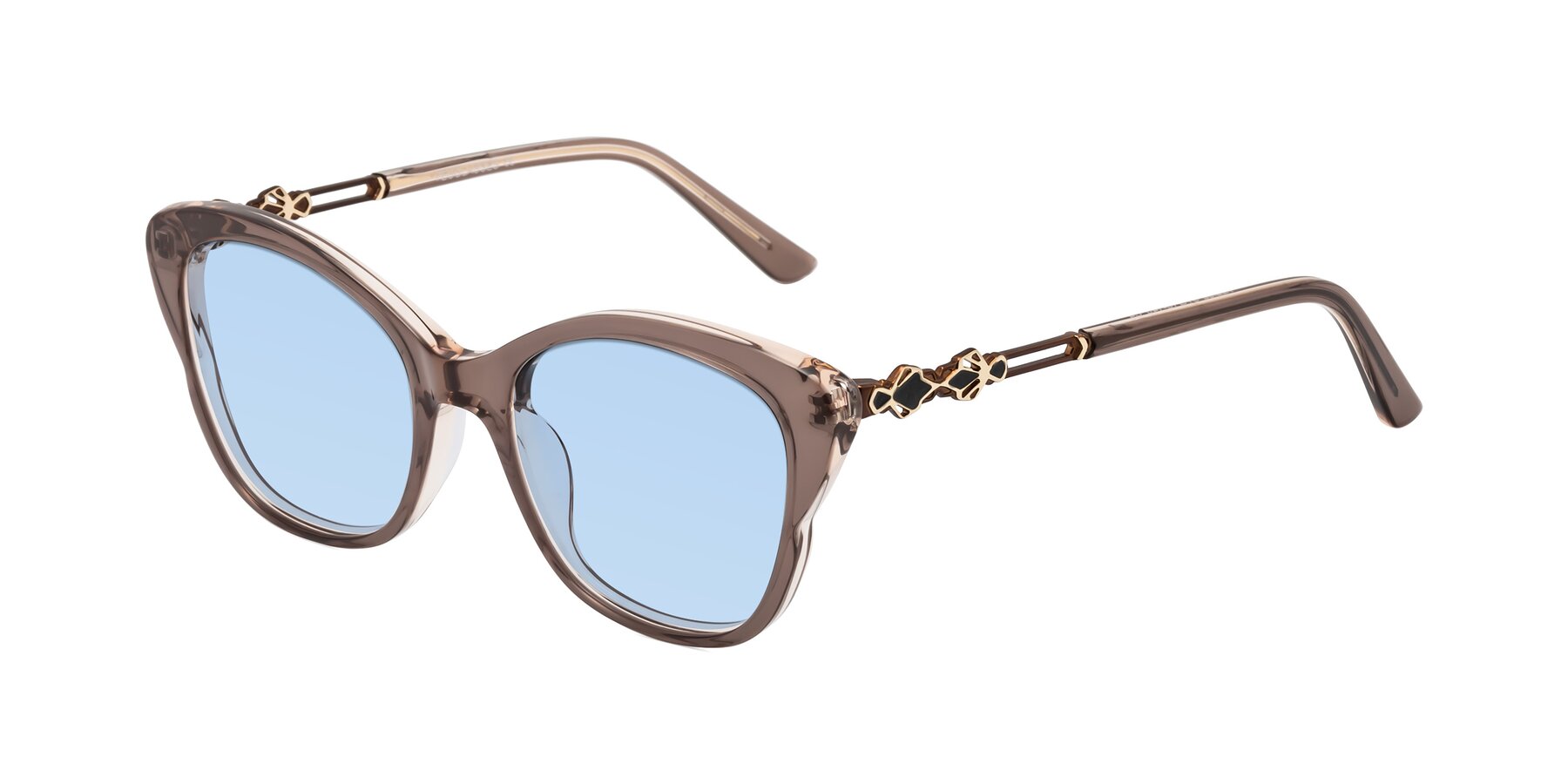 Angle of Azalea in Rose Taupe with Light Blue Tinted Lenses