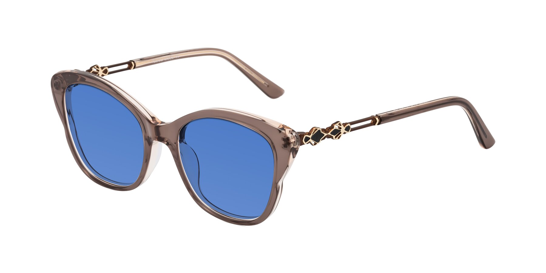 Angle of Azalea in Rose Taupe with Blue Tinted Lenses