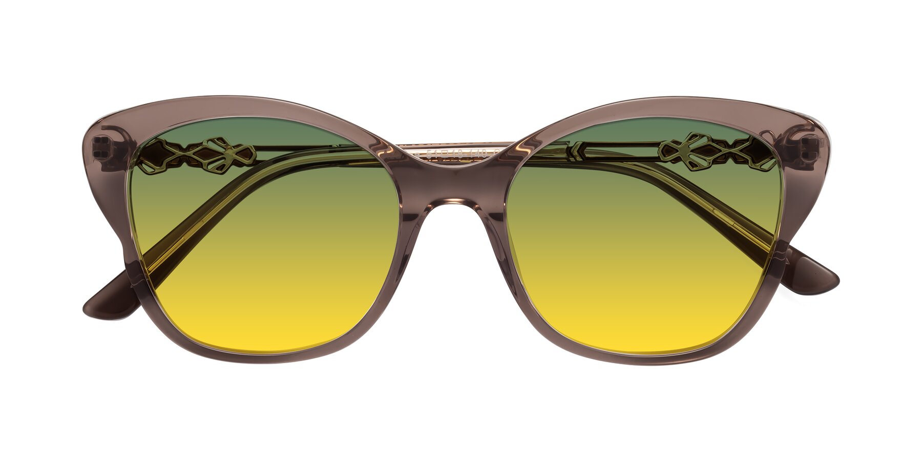 Folded Front of Azalea in Rose Taupe with Green / Yellow Gradient Lenses