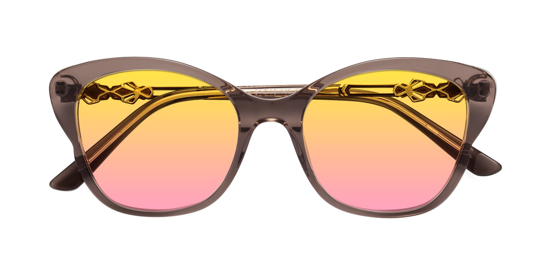 Folded Front of Azalea in Rose Taupe with Yellow / Pink Gradient Lenses