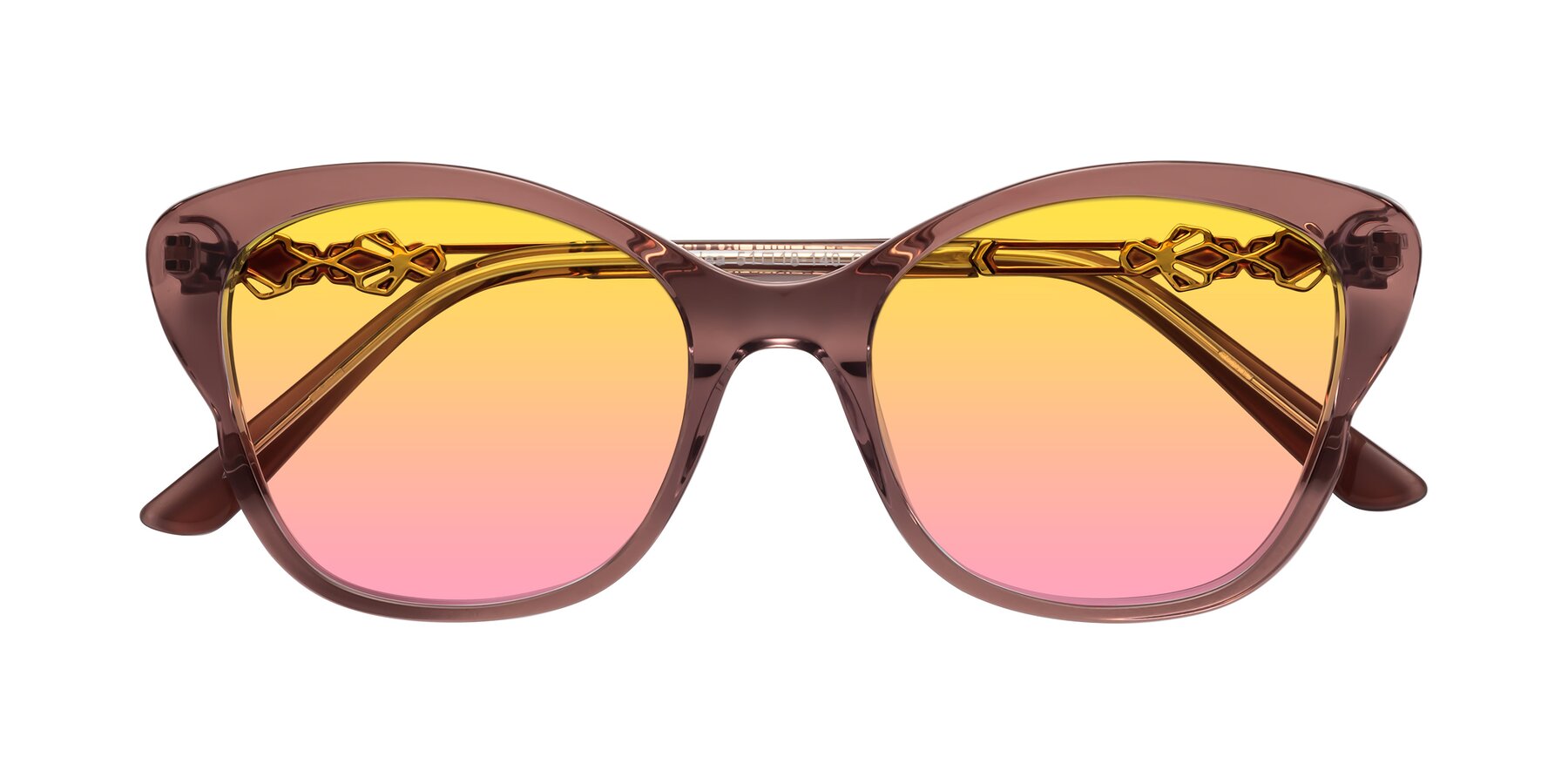 Folded Front of Azalea in Mauve Taupe with Yellow / Pink Gradient Lenses