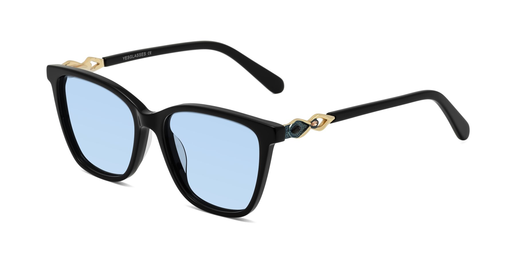 Angle of Mothe in Black with Light Blue Tinted Lenses