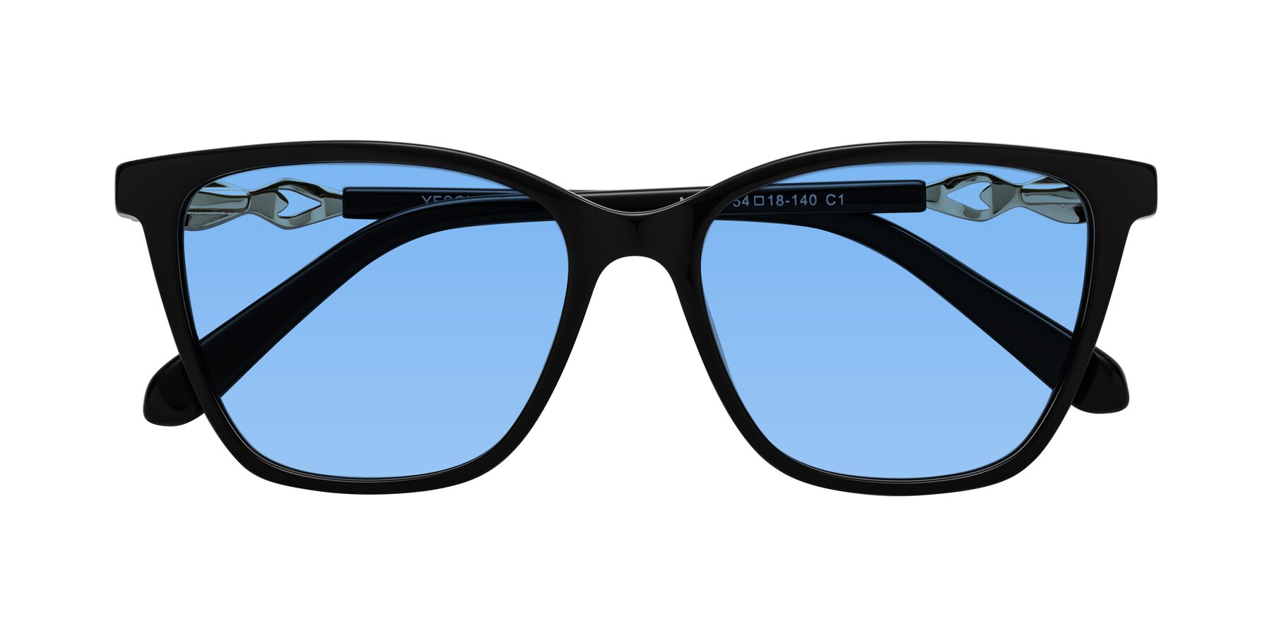 Folded Front of Mothe in Black with Medium Blue Tinted Lenses