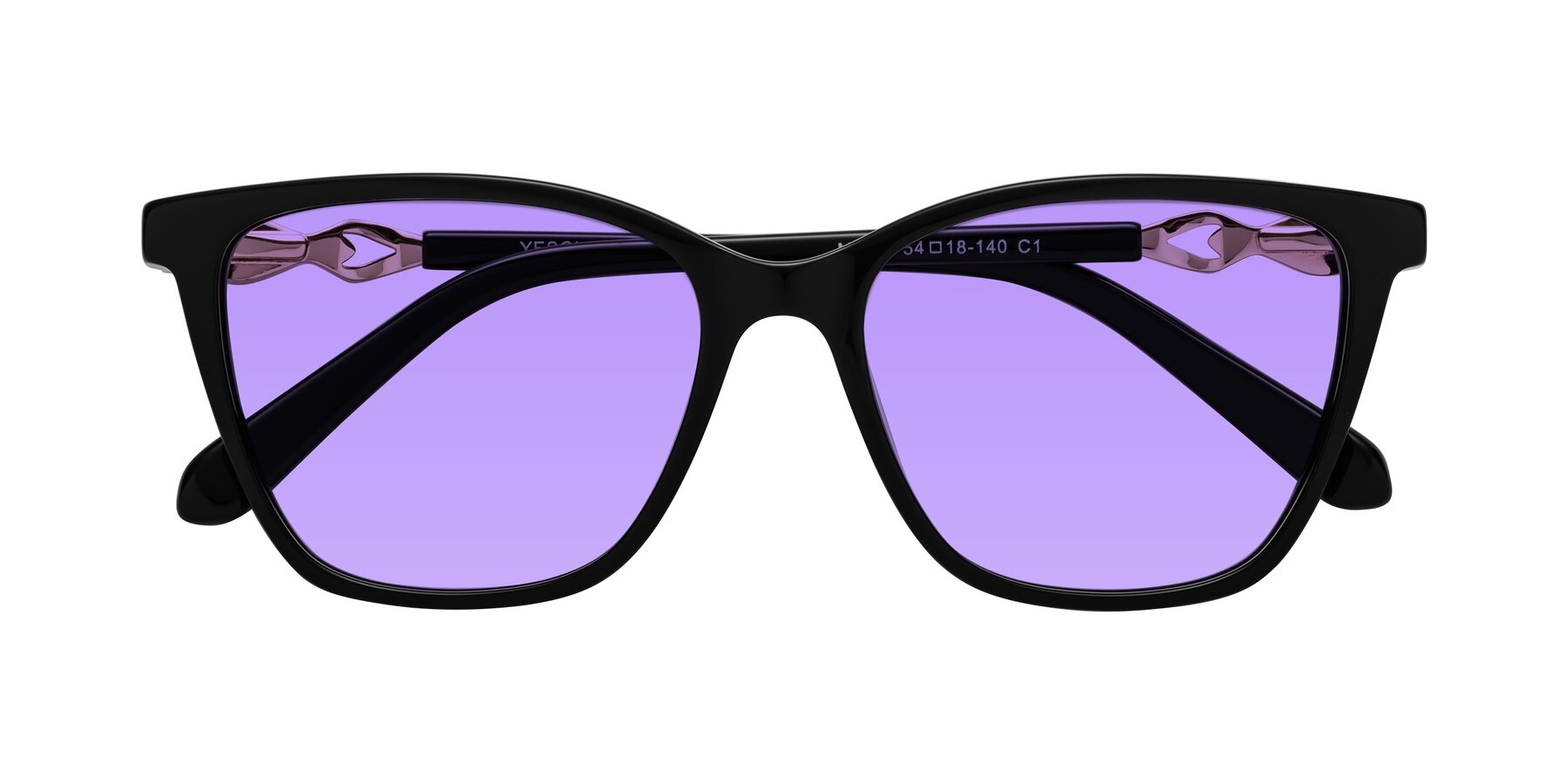 Folded Front of Mothe in Black with Medium Purple Tinted Lenses