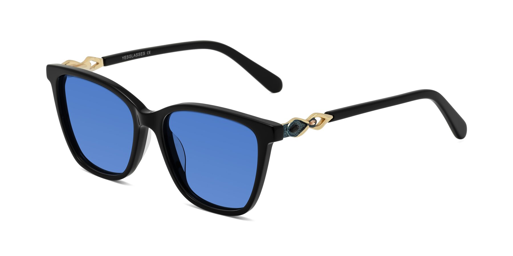 Angle of Mothe in Black with Blue Tinted Lenses