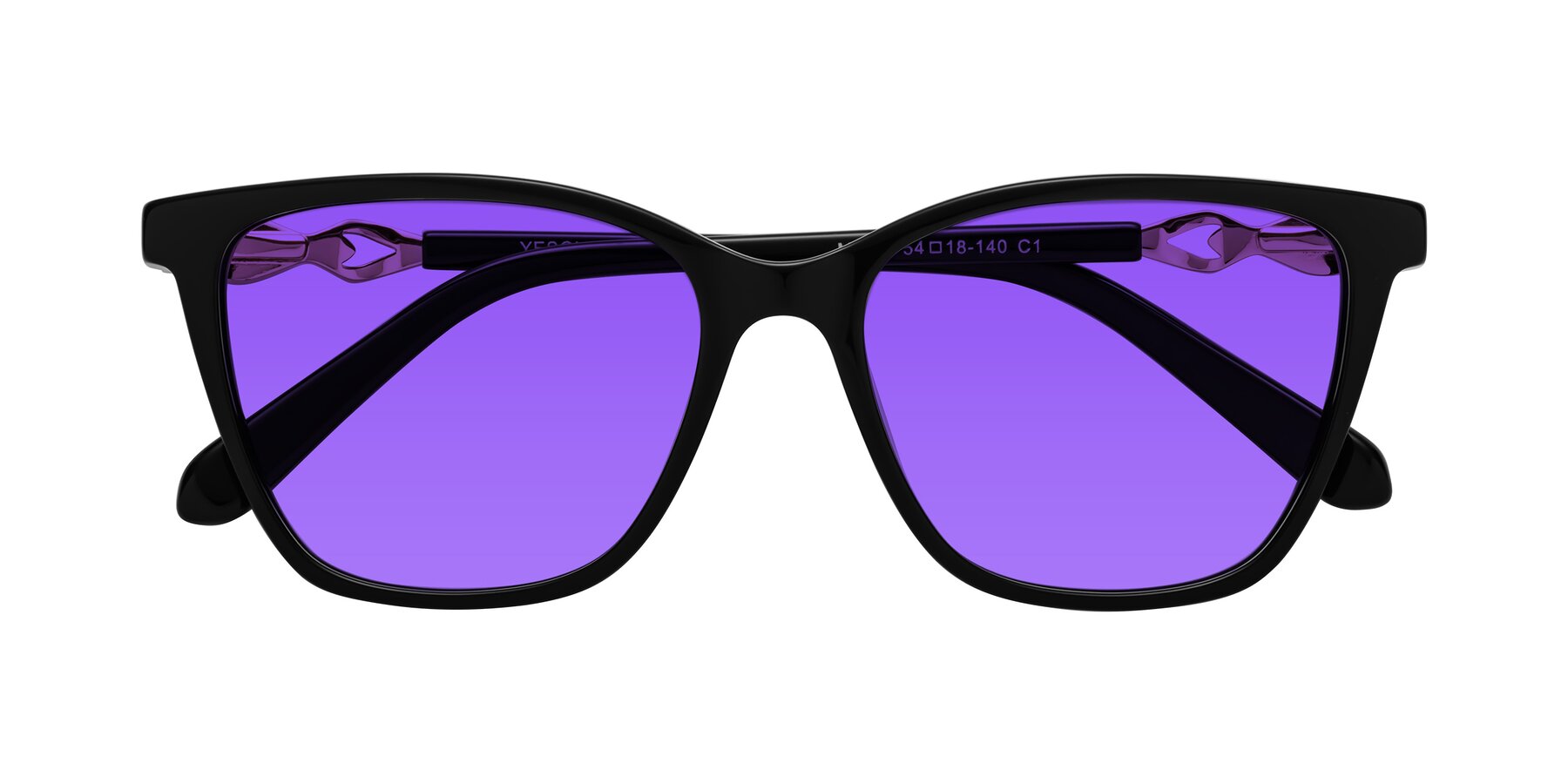 Folded Front of Mothe in Black with Purple Tinted Lenses