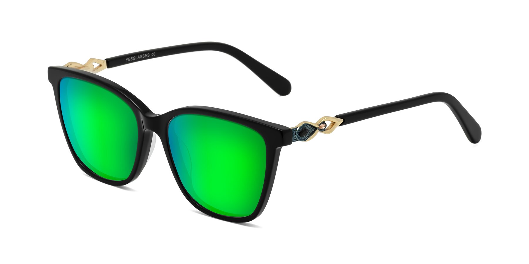 Angle of Mothe in Black with Green Mirrored Lenses