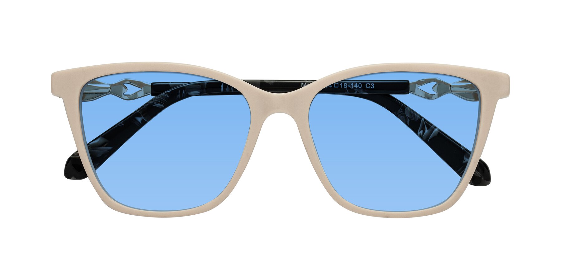 Folded Front of Mothe in Ivory pink with Medium Blue Tinted Lenses