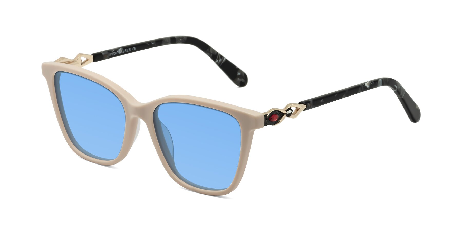 Angle of Mothe in Ivory pink with Medium Blue Tinted Lenses