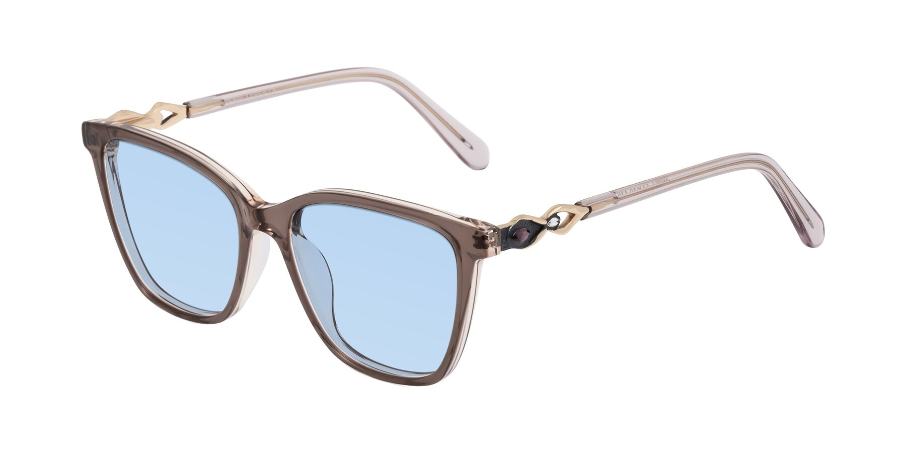 Angle of Mothe in Rose Taupe with Light Blue Tinted Lenses