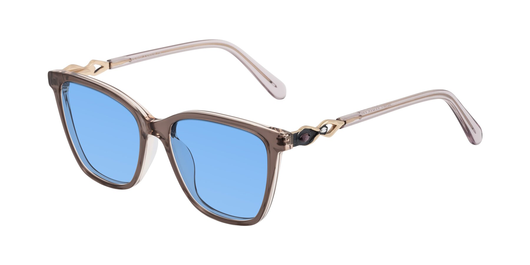 Angle of Mothe in Rose Taupe with Medium Blue Tinted Lenses