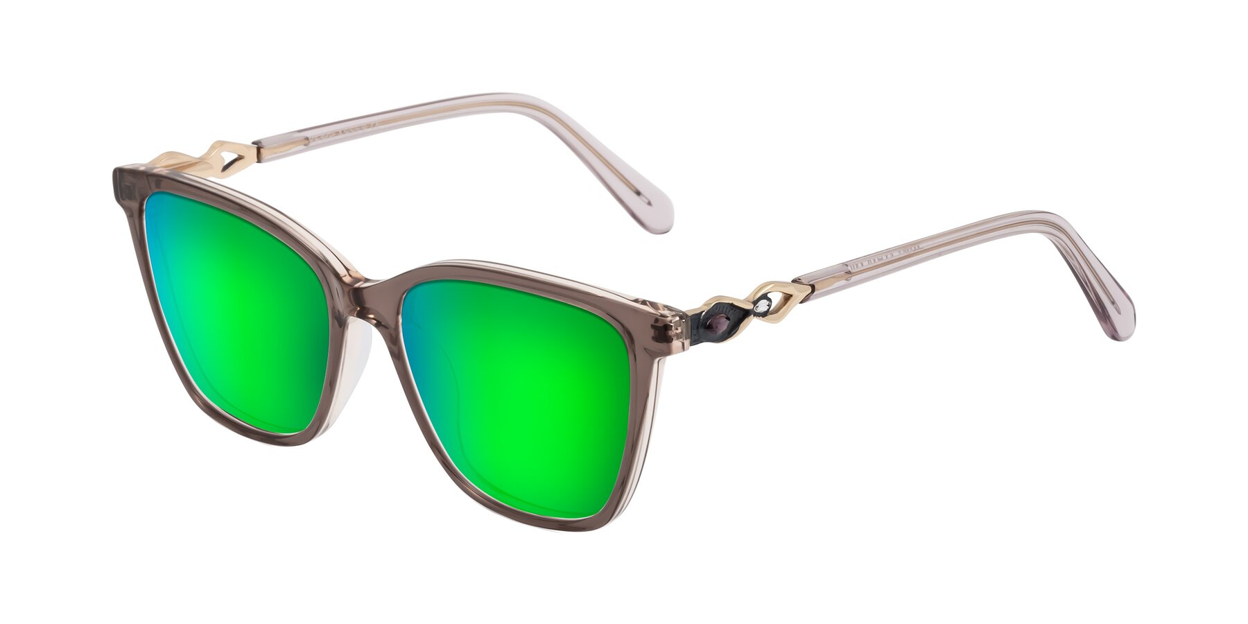 Angle of Mothe in Rose Taupe with Green Mirrored Lenses