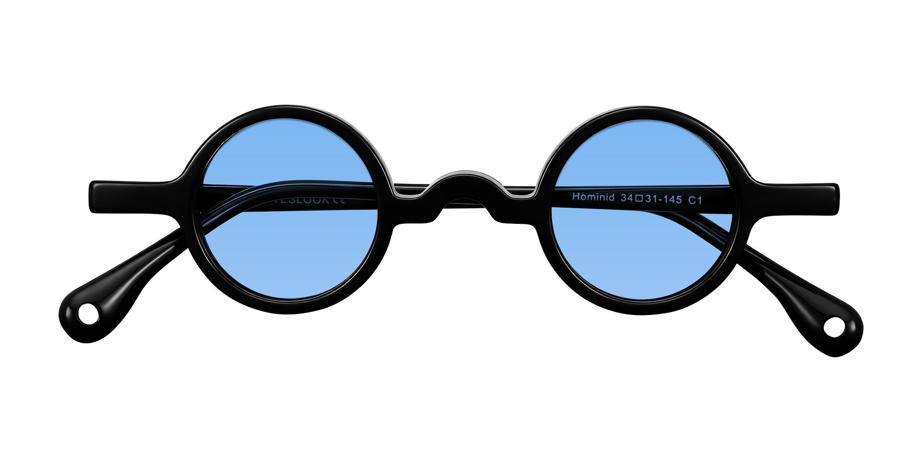 Folded Front of Hominid in Black with Medium Blue Tinted Lenses