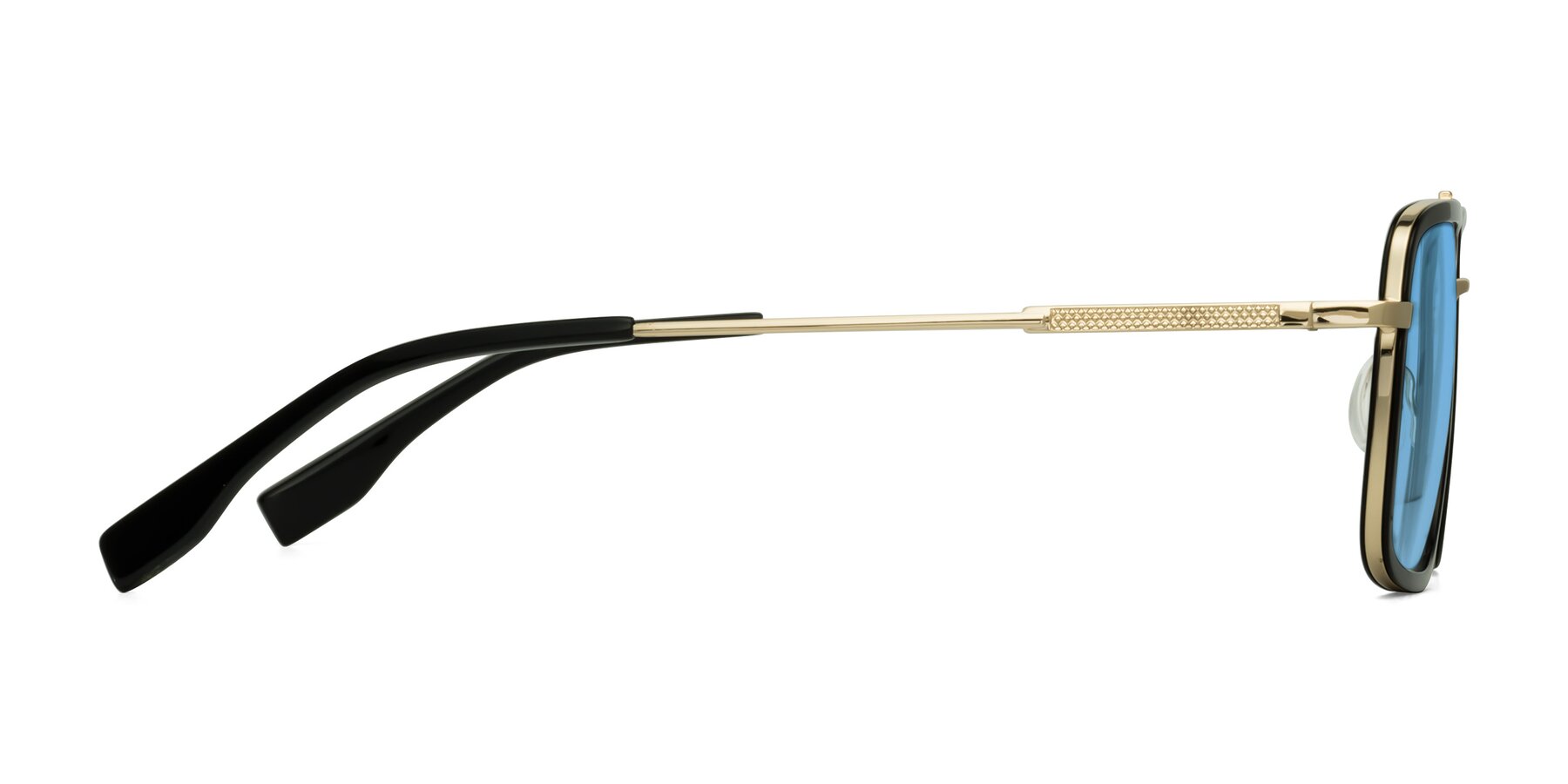 Side of Tulip in Black-Gold with Medium Blue Tinted Lenses