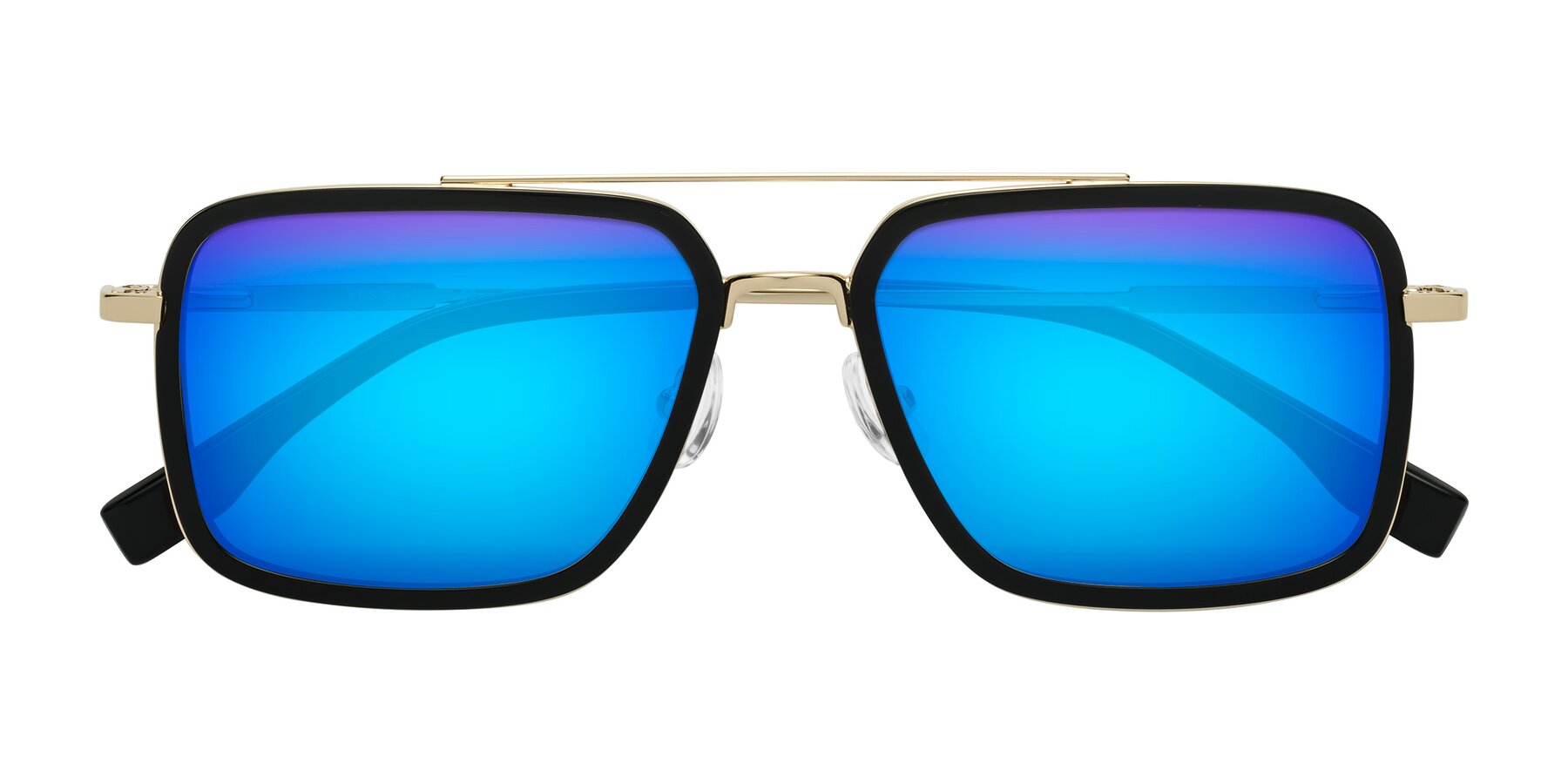 Folded Front of Tulip in Black-Gold with Blue Mirrored Lenses