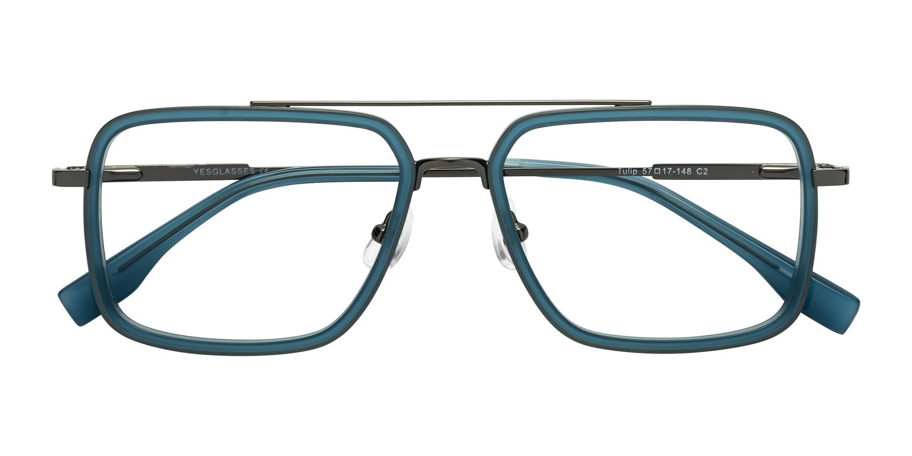 Folded Front of Tulip in Teal-Gunmetal with Clear Eyeglass Lenses