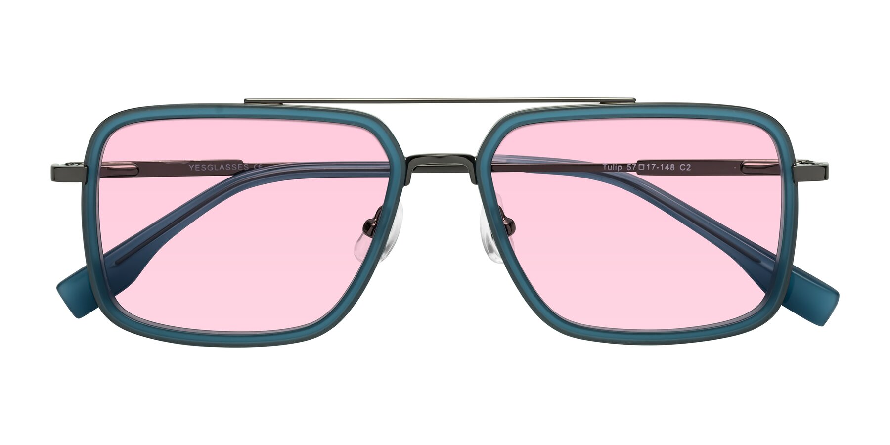 Folded Front of Tulip in Teal-Gunmetal with Light Pink Tinted Lenses