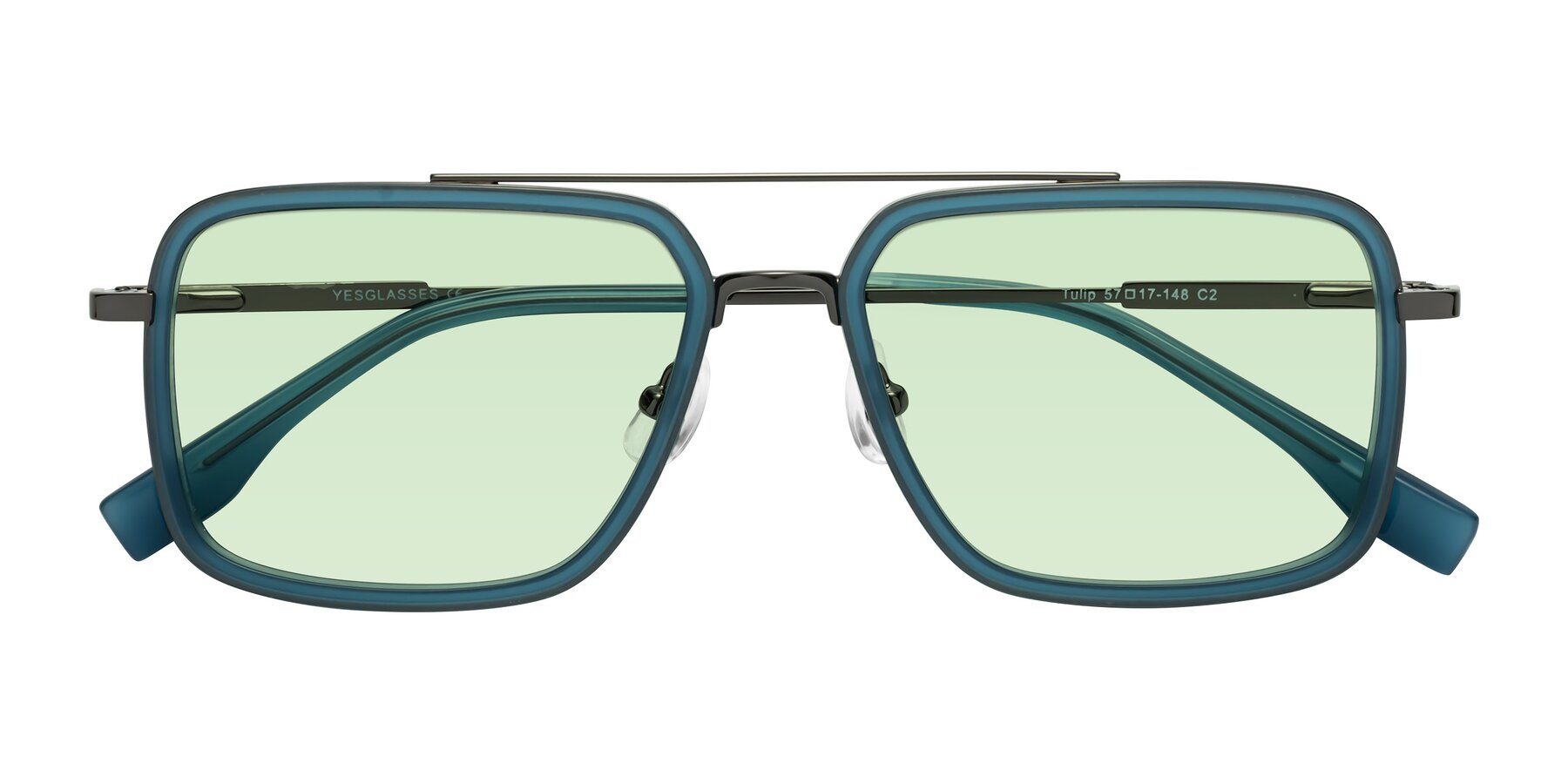 Folded Front of Tulip in Teal-Gunmetal with Light Green Tinted Lenses