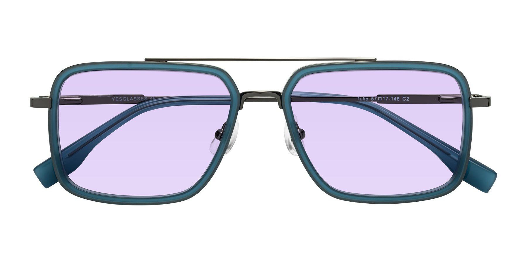 Folded Front of Tulip in Teal-Gunmetal with Light Purple Tinted Lenses