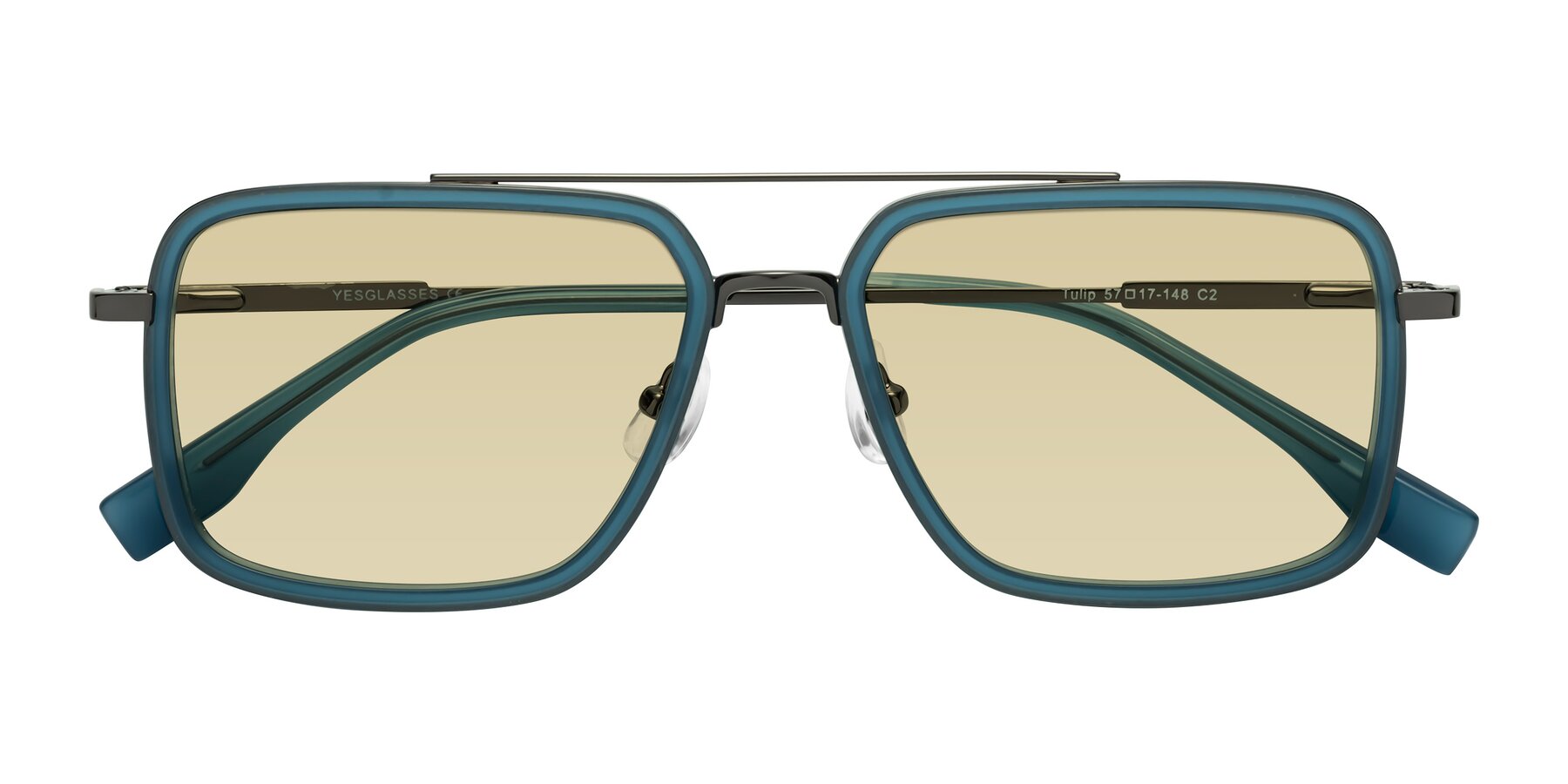 Folded Front of Tulip in Teal-Gunmetal with Light Champagne Tinted Lenses