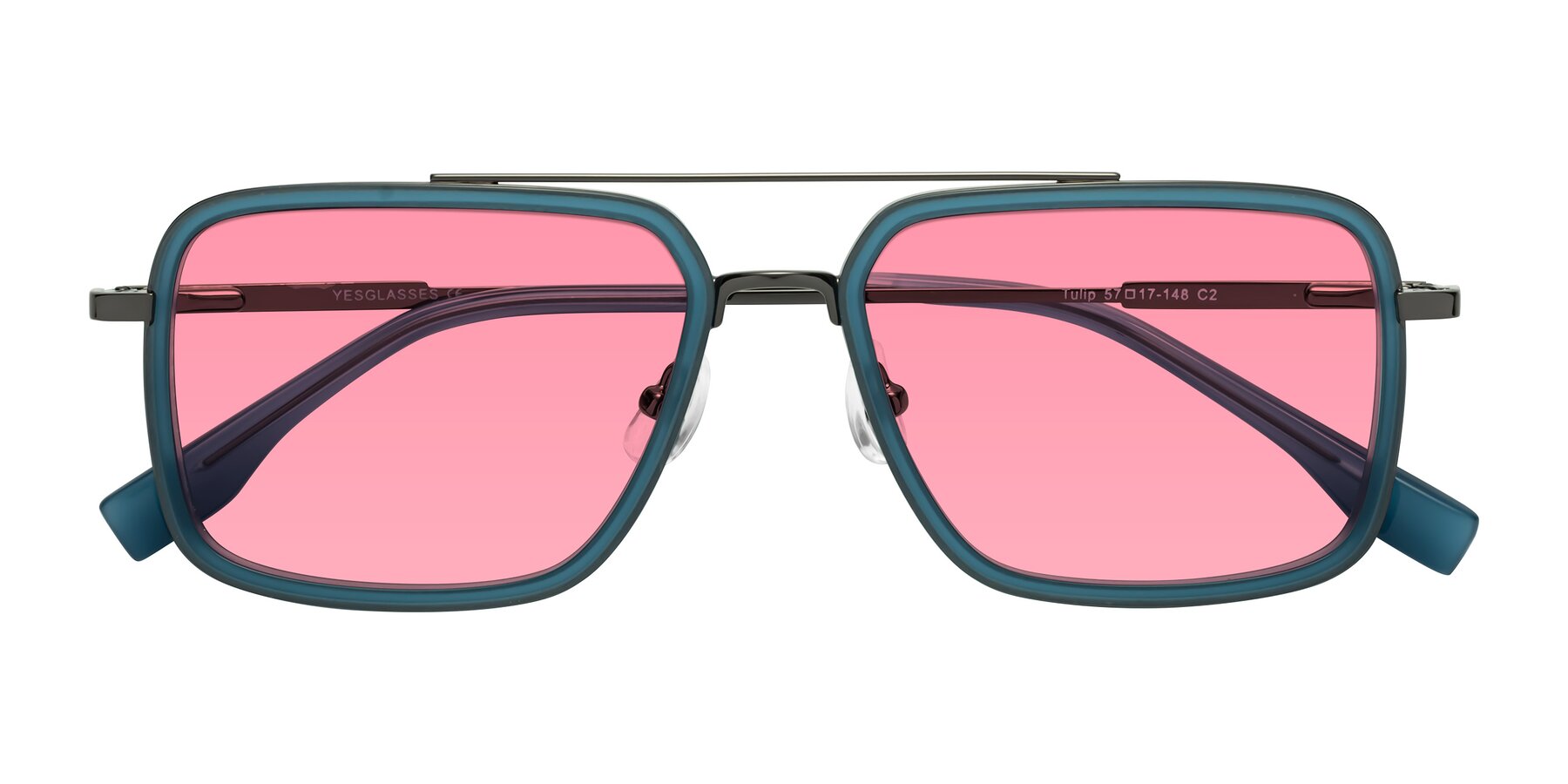 Folded Front of Tulip in Teal-Gunmetal with Pink Tinted Lenses