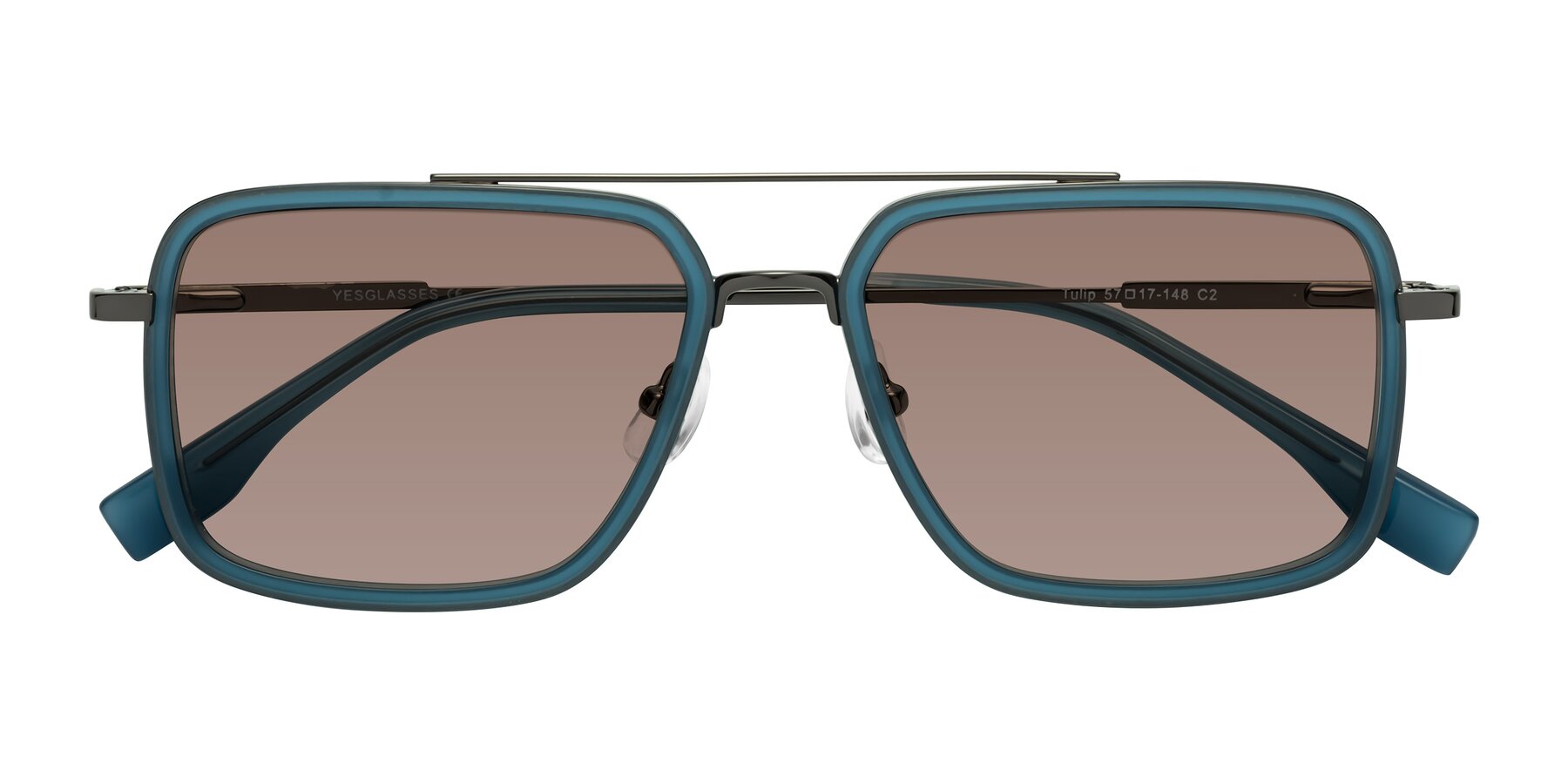 Folded Front of Tulip in Teal-Gunmetal with Medium Brown Tinted Lenses