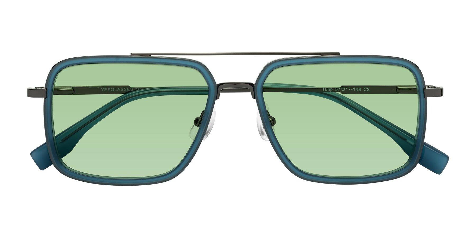 Folded Front of Tulip in Teal-Gunmetal with Medium Green Tinted Lenses