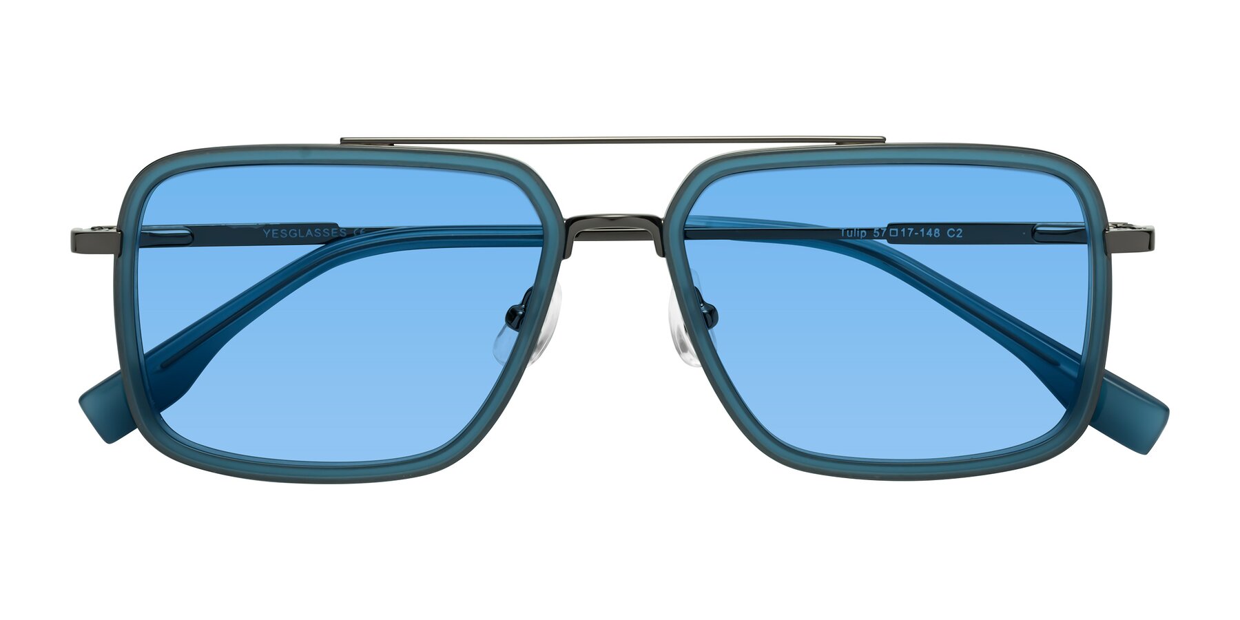 Folded Front of Tulip in Teal-Gunmetal with Medium Blue Tinted Lenses