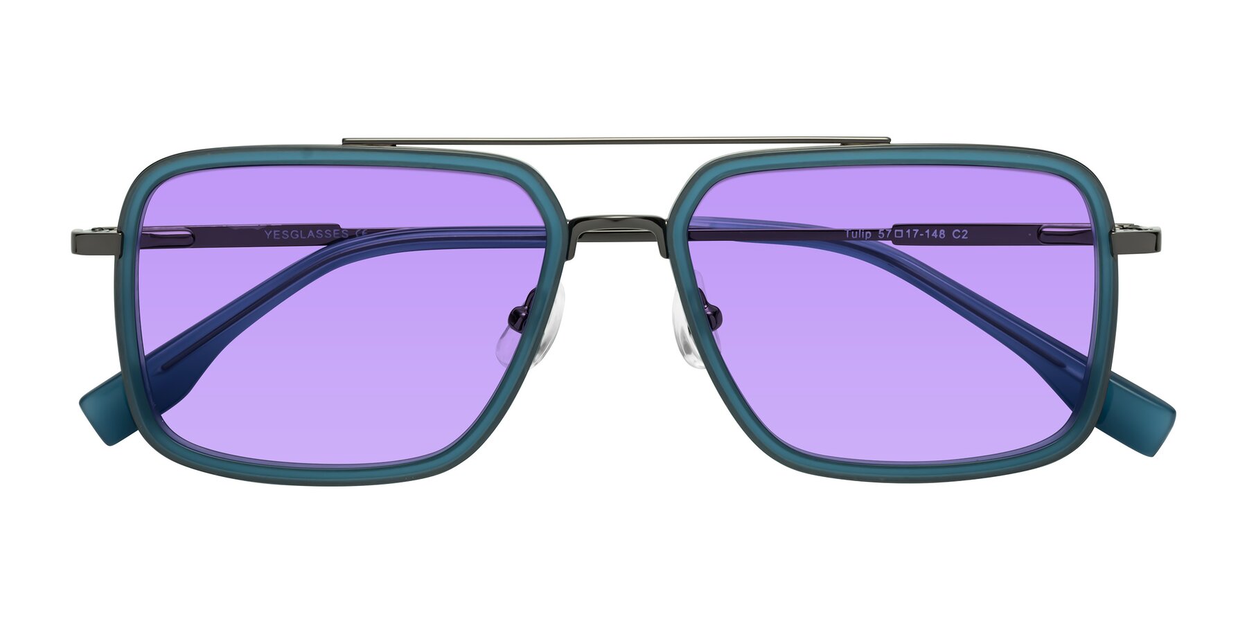 Folded Front of Tulip in Teal-Gunmetal with Medium Purple Tinted Lenses