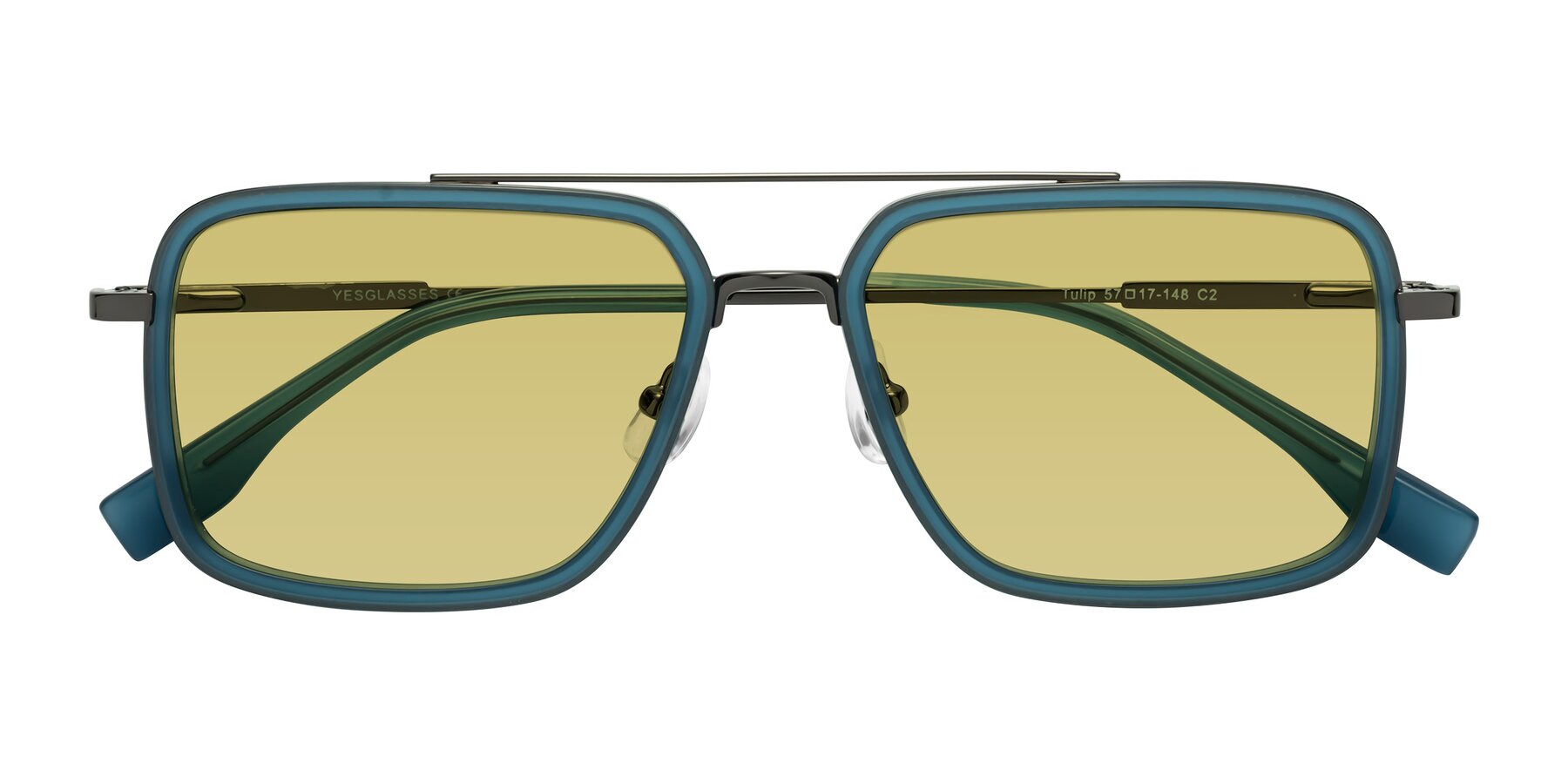 Folded Front of Tulip in Teal-Gunmetal with Medium Champagne Tinted Lenses