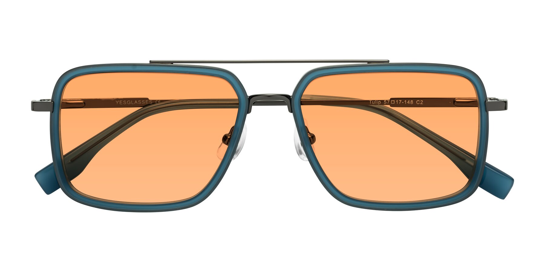 Folded Front of Tulip in Teal-Gunmetal with Medium Orange Tinted Lenses