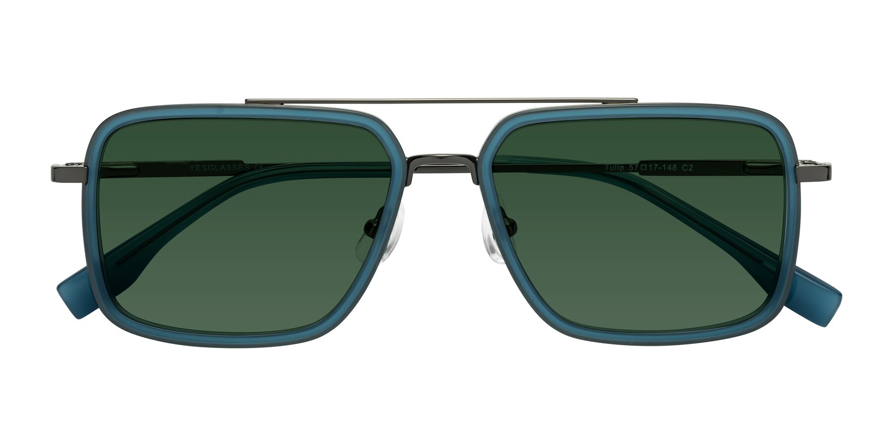 Folded Front of Tulip in Teal-Gunmetal with Green Tinted Lenses