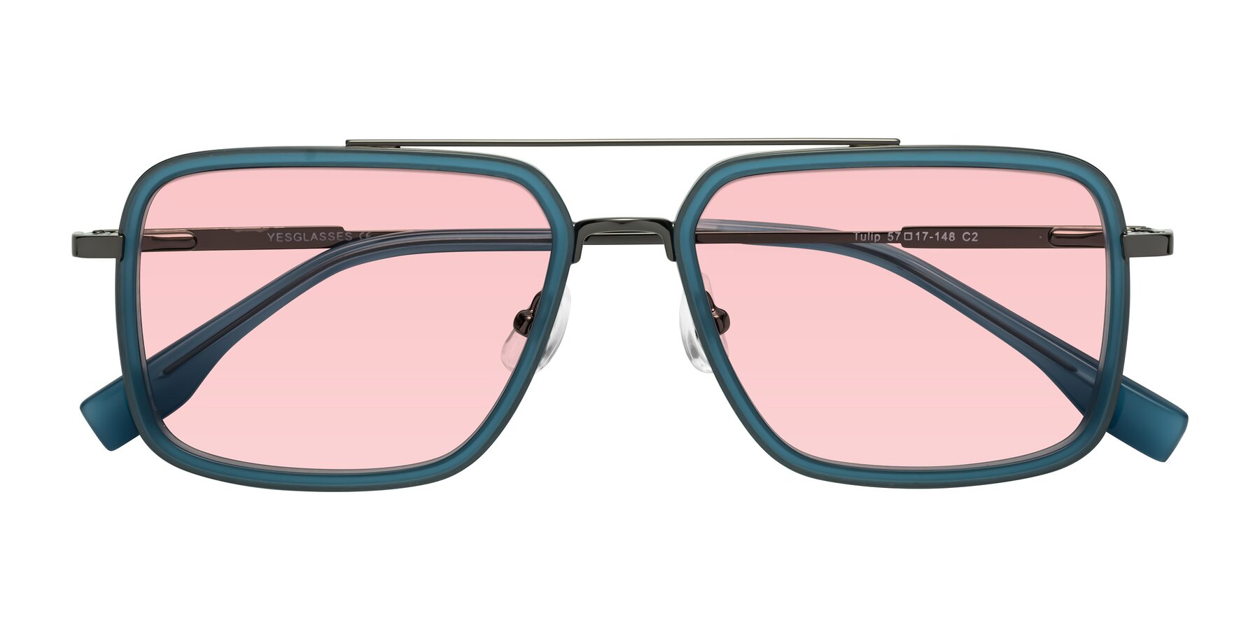 Folded Front of Tulip in Teal-Gunmetal with Light Garnet Tinted Lenses