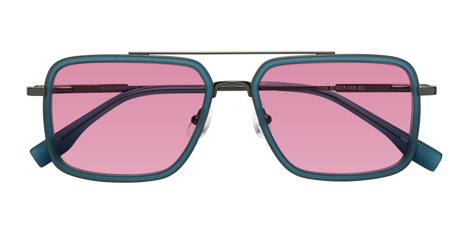 Folded Front of Tulip in Teal-Gunmetal with Medium Wine Tinted Lenses