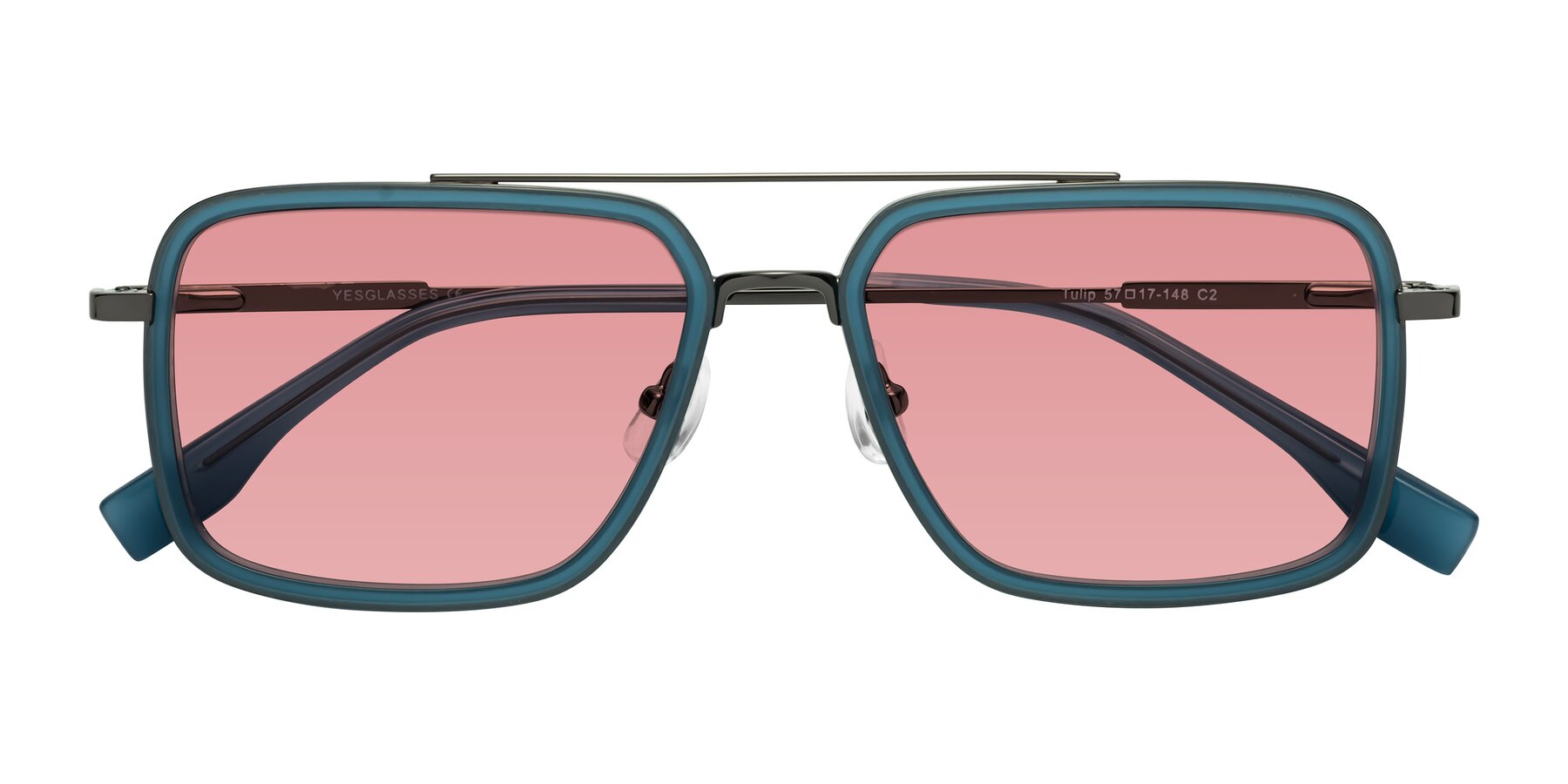 Folded Front of Tulip in Teal-Gunmetal with Medium Garnet Tinted Lenses